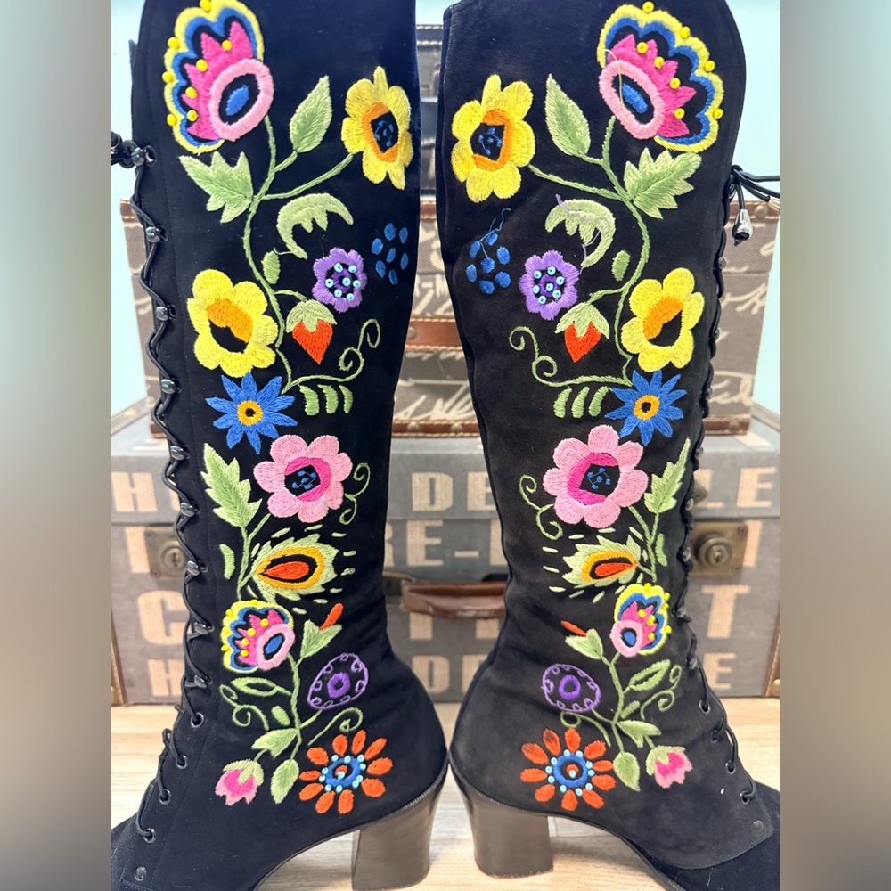💫STUNNING RARE 60s 70s Enosis Greece Jerry Edouard Embroidered Black Gogo Boots - Picture 5 of 15